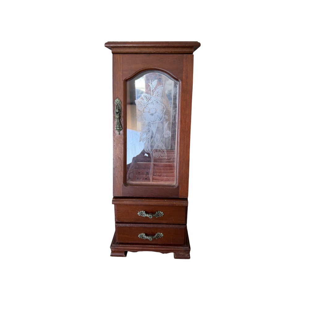 Vintage Wood Jewelry Armoire Etched Glass Floral Door Pink Lining 2 Drawers